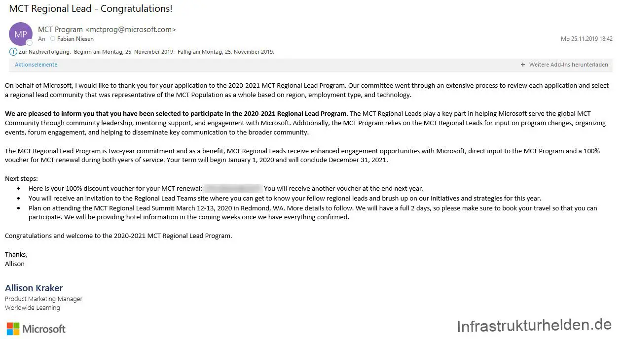 On behalf of Microsoft, I would like to thank you for your application to the 2020-2021 MCT Regional Lead Program. Our committee went through an extensive process to review each application and select a regional lead community that was representative of the MCT Population as a whole based on region, employment type, and technology. We are pleased to inform you that you have been selected to participate in the 2020-2021 Regional Lead Program. The MCT Regional Leads play a key part in helping Microsoft serve the global MCT Community through community leadership, mentoring support, and engagement with Microsoft. Additionally, the MCT Program relies on the MCT Regional Leads for input on program changes, organizing events, forum engagement, and helping to disseminate key communication to the broader community.