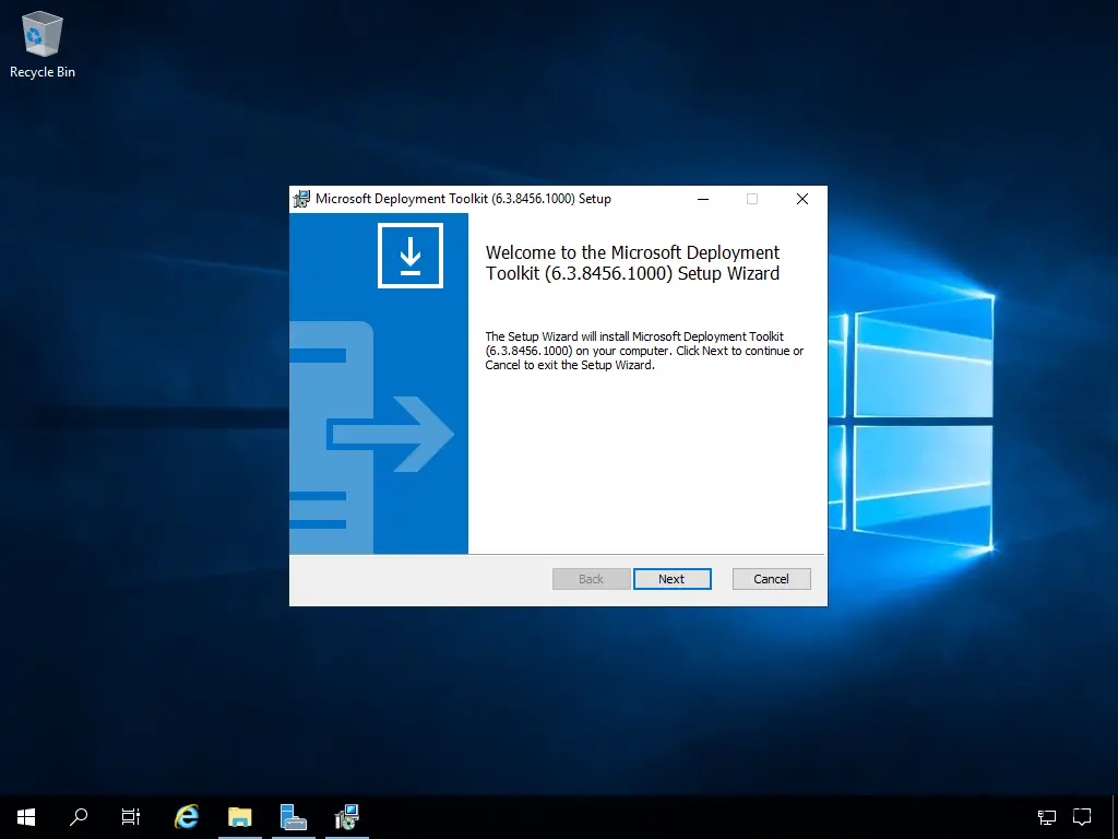 Computergenerierter Alternativtext: Recycle Bin Microsoft Deployment Toolklt (6.3.84S6.IDDO) Setup Welcome to the Microsoft Deployment Toolkit (6.3.8456.1000) Setup Wizard The Setup Wizard will install Microsoft Deployment Toolkjt (6.3.8456.1000) on pur computer. Click Next to conbnue or Cancel to exit the Setup Wizard.