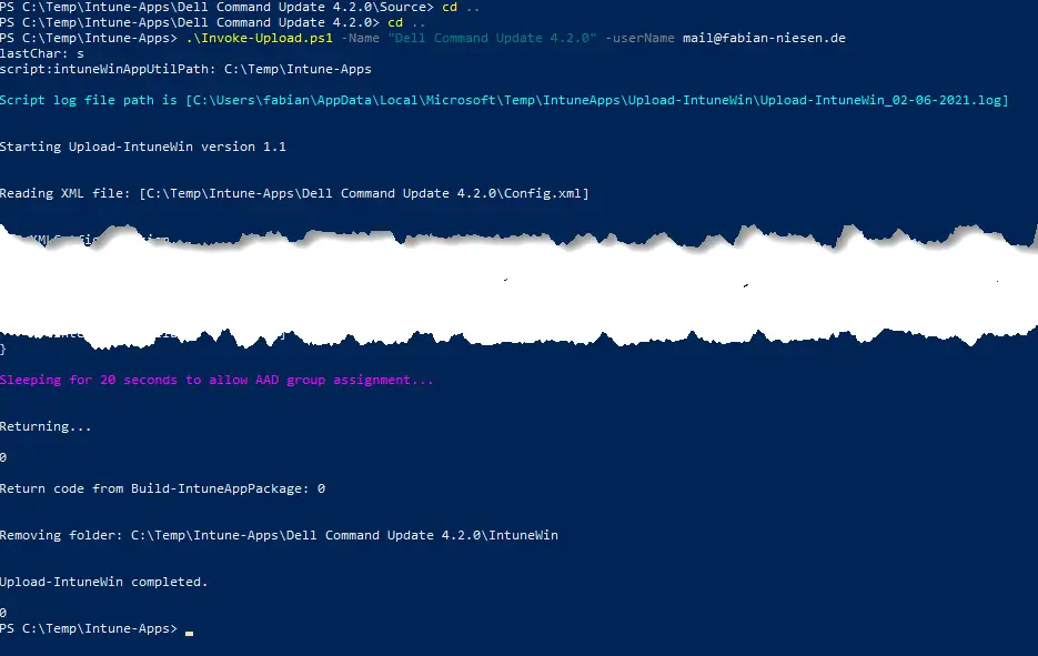 Excerpt from the PowerShell execution of the command Invoke-Upload.ps1